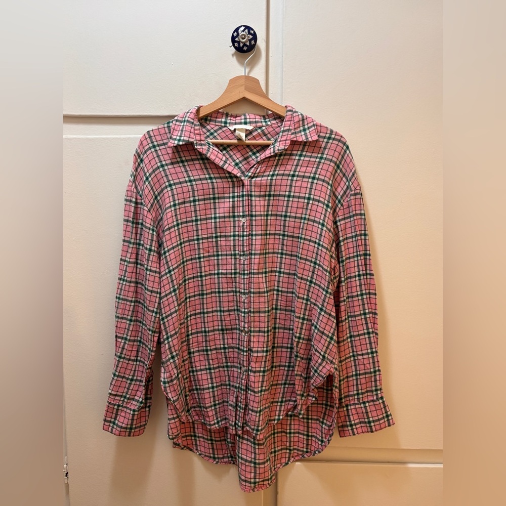 H&M Pink and Green Plaid Button-Down Shirt